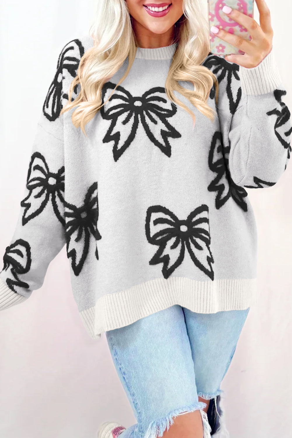 White Bow Pattern Drop Shoulder Loose Sweater