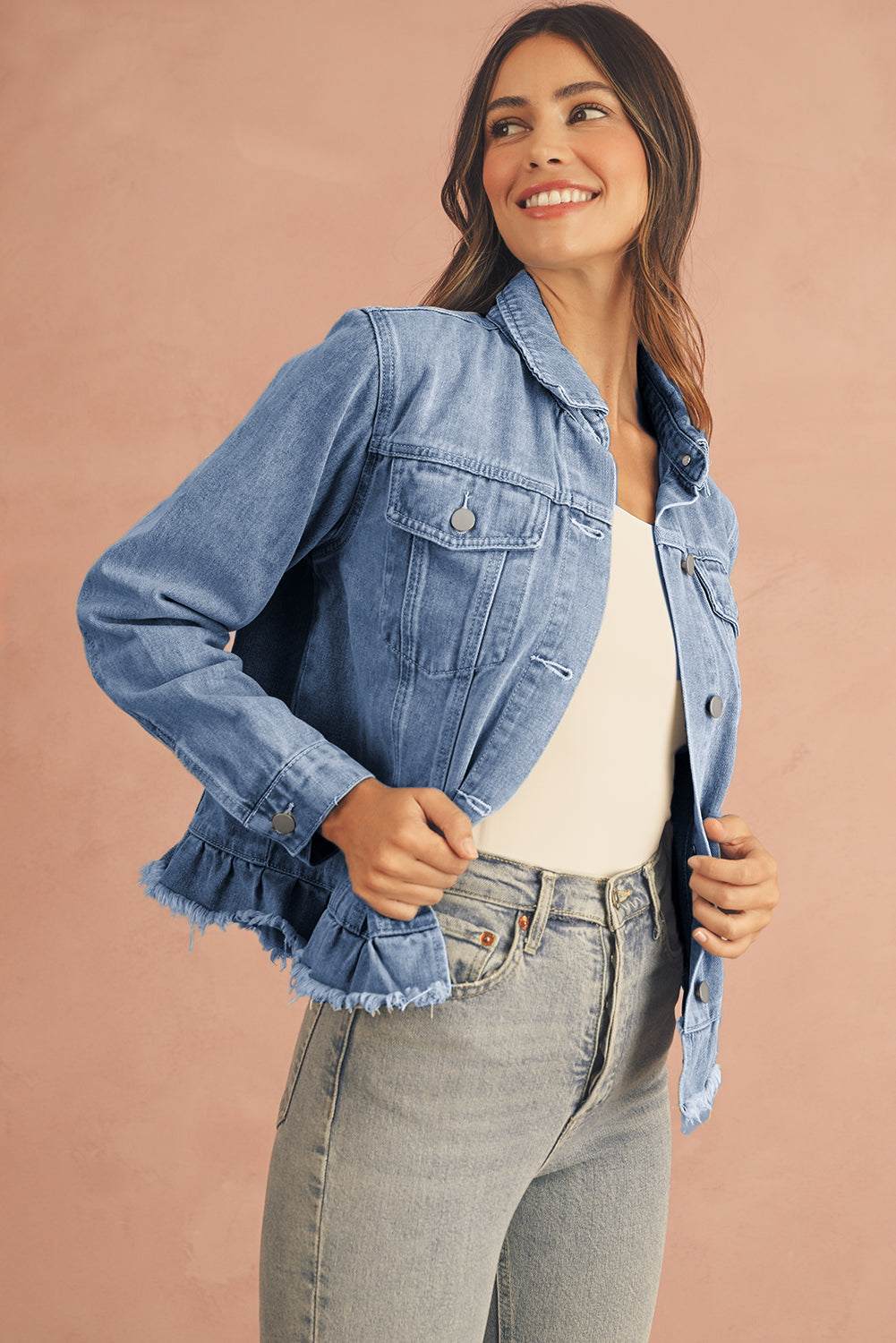 Beau Blue Ruffle Raw Hem Flap Pockets Denim Jacket