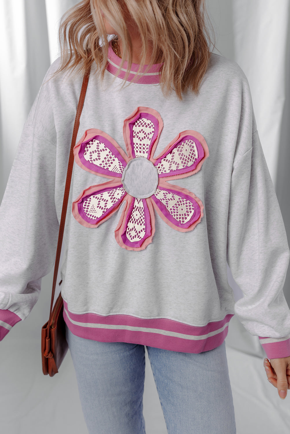Gray Flower Patch Contrast Trim Crew Neck Sweatshirt
