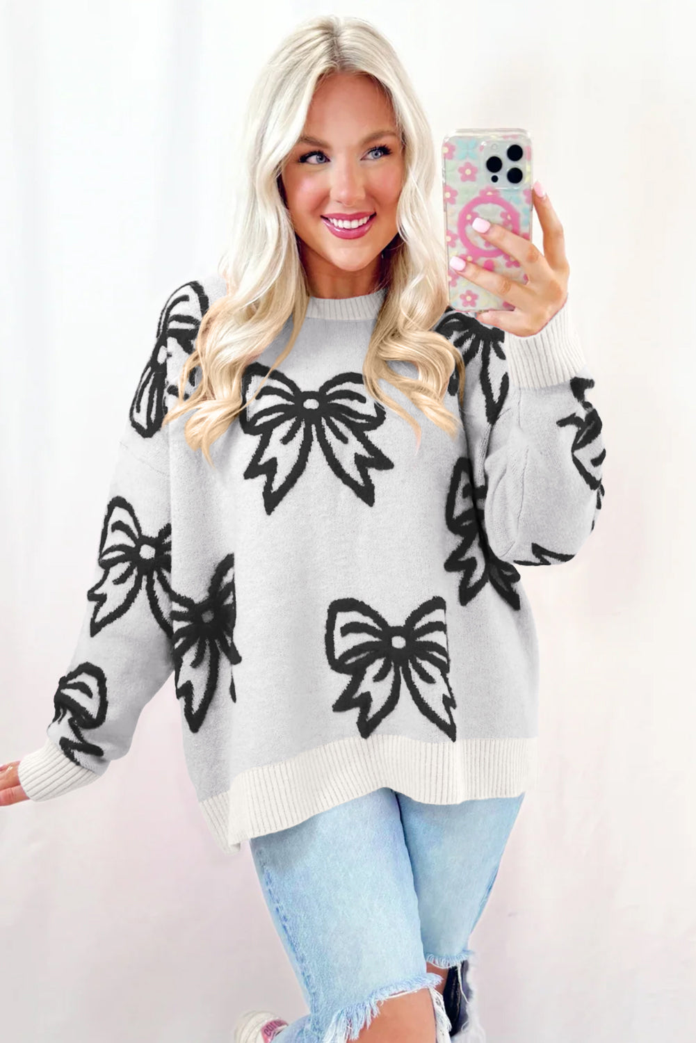 White Bow Pattern Drop Shoulder Loose Sweater