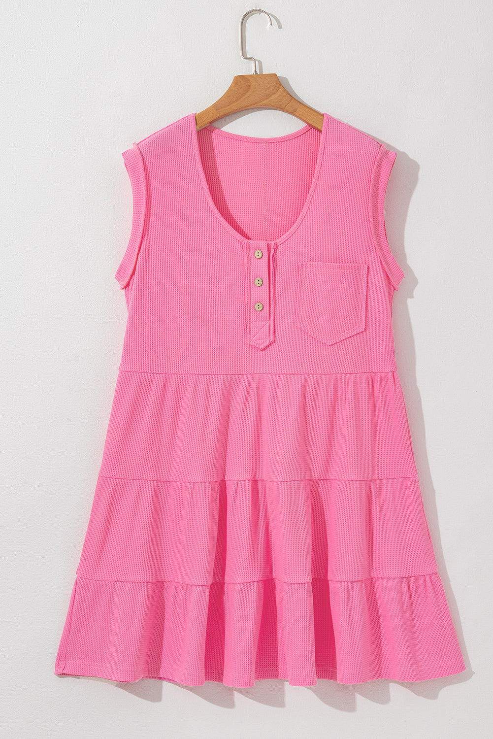 Bright Pink Waffle Sleeveless Henley A-line Tiered Mini Dress