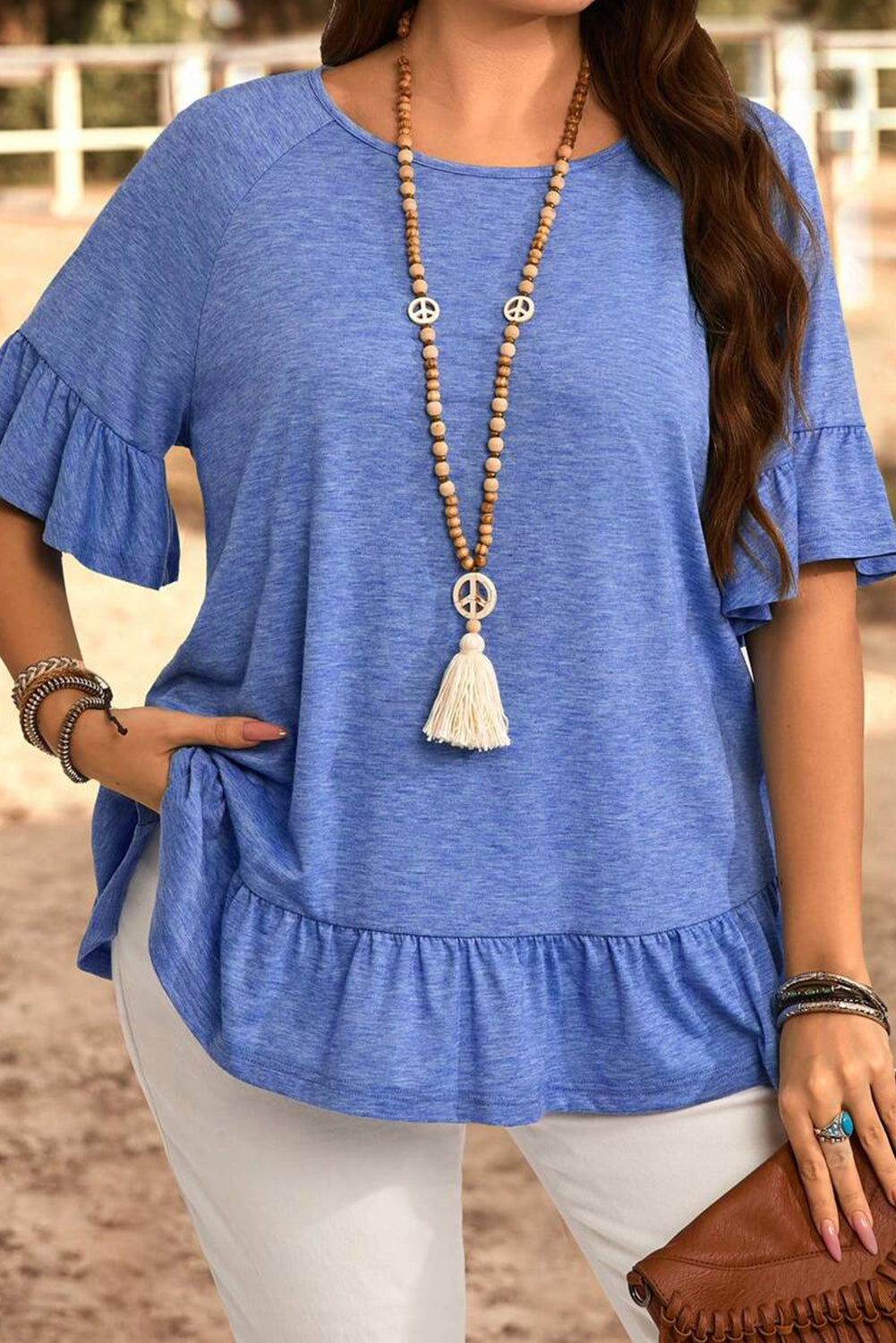 Dusk Blue Ruffle Hem Plus Size Flowy Blouse