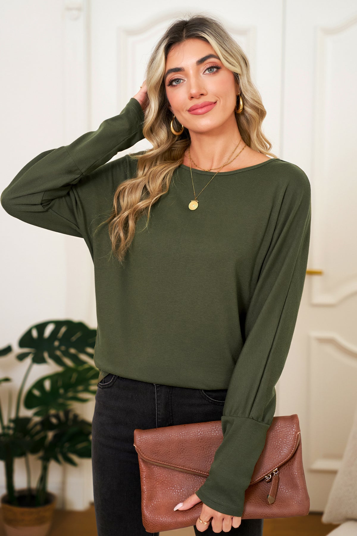 Red Dahlia Solid Color Round Neck Dolman Sleeve Top