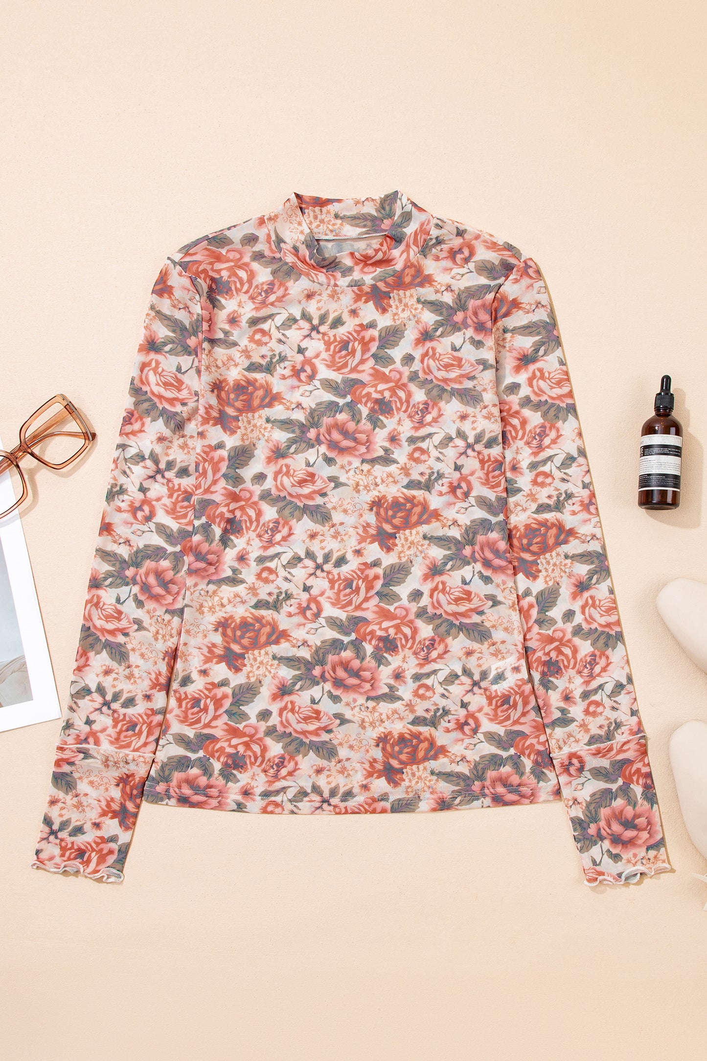 Black Retro Floral Print Mock Neck Mesh Long Sleeve Top