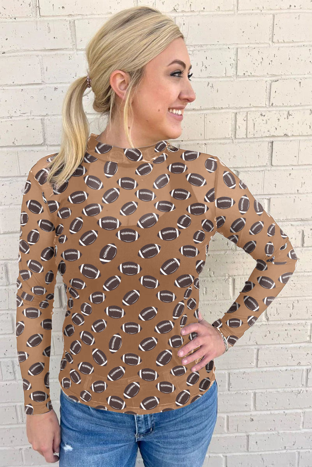 Brown Game Day Football Mesh Sheer Long Sleeve Top
