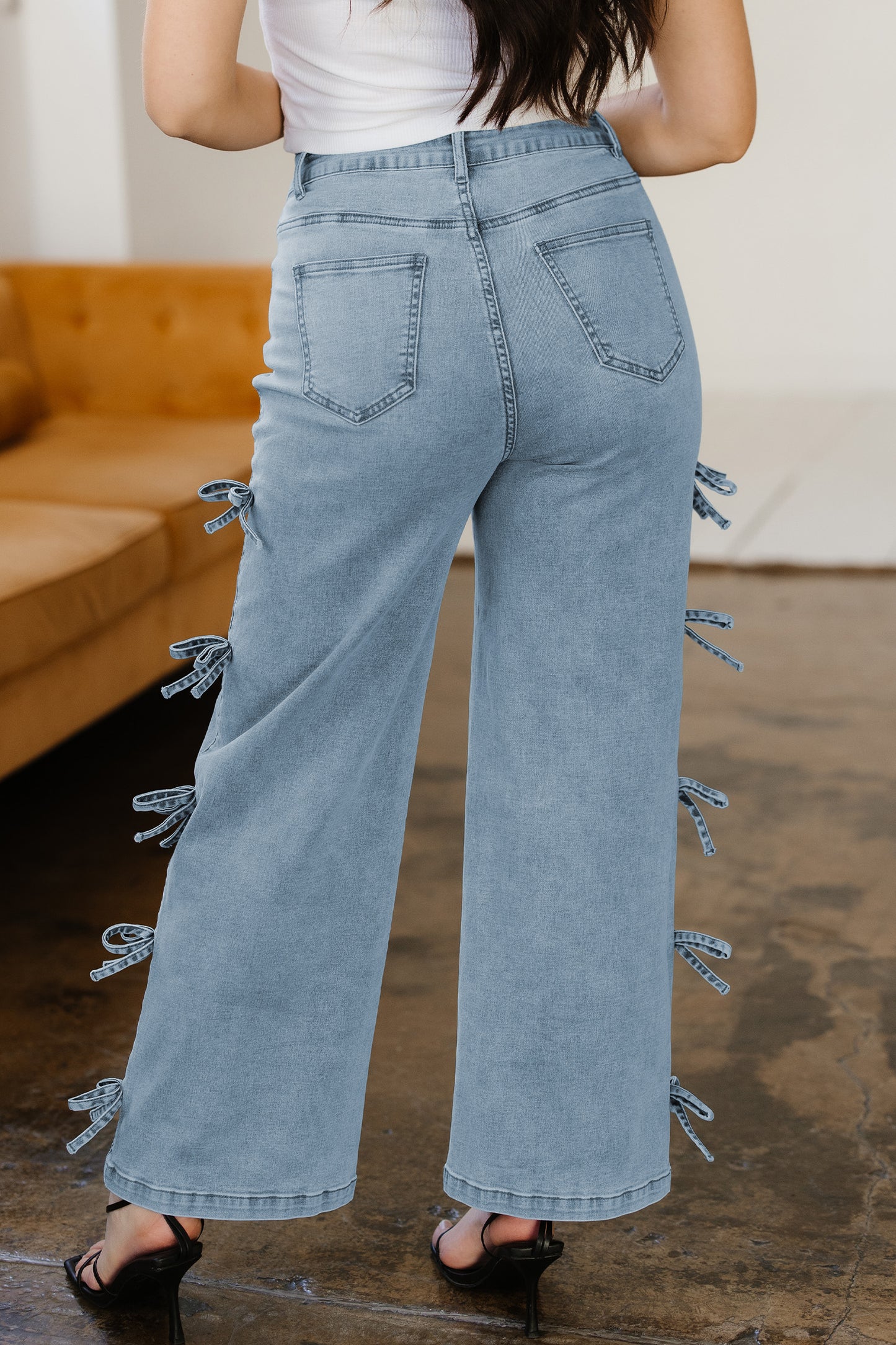 White Bowknot Side Detail Straight Leg Loose Jeans