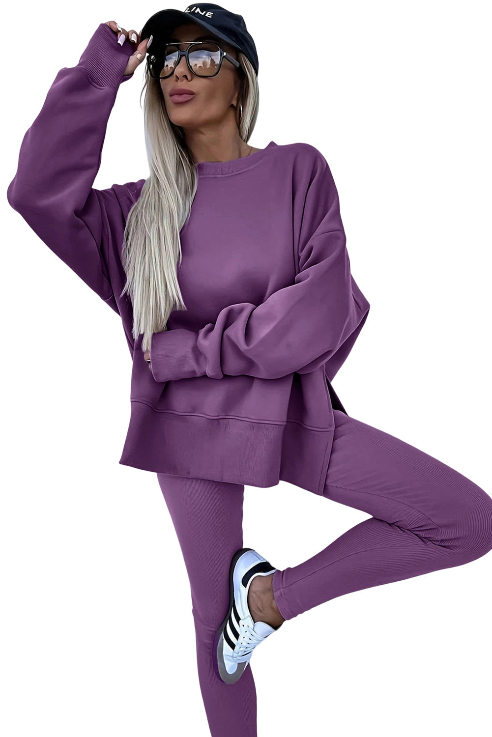 Green Bay Solid Color Oversize Slit Sweatshirt Ribbed Leggings Set