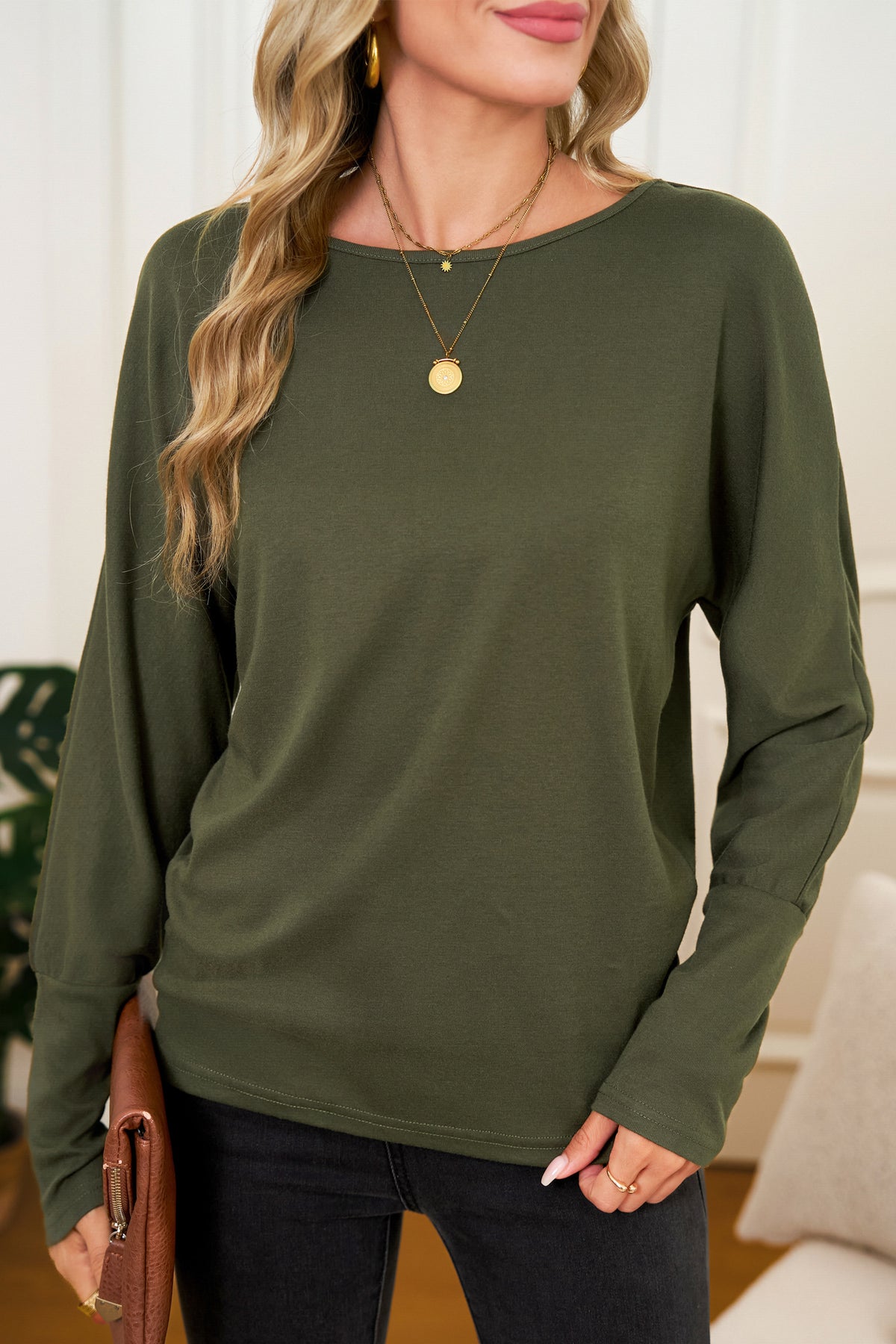 Red Dahlia Solid Color Round Neck Dolman Sleeve Top