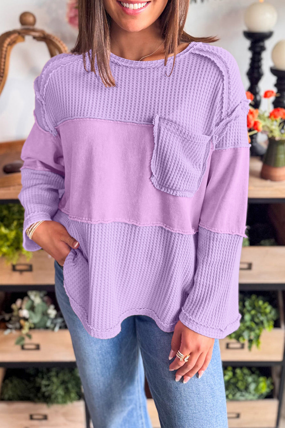 Phalaenopsis Thermal Waffle Knit Patchwork Long Sleeve Top