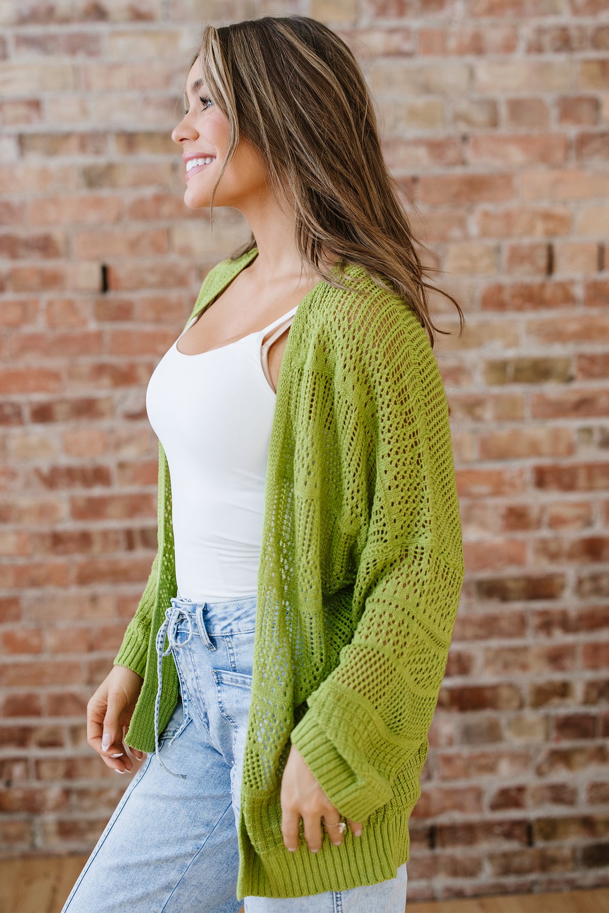 Spinach Green Oversize Crochet Knit Open Cardigan