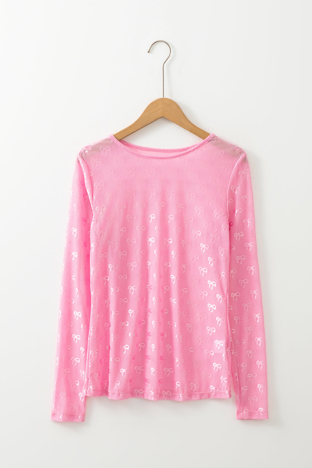 Pink Bow Pattern Long Sleeve Slim Fit Mesh Top