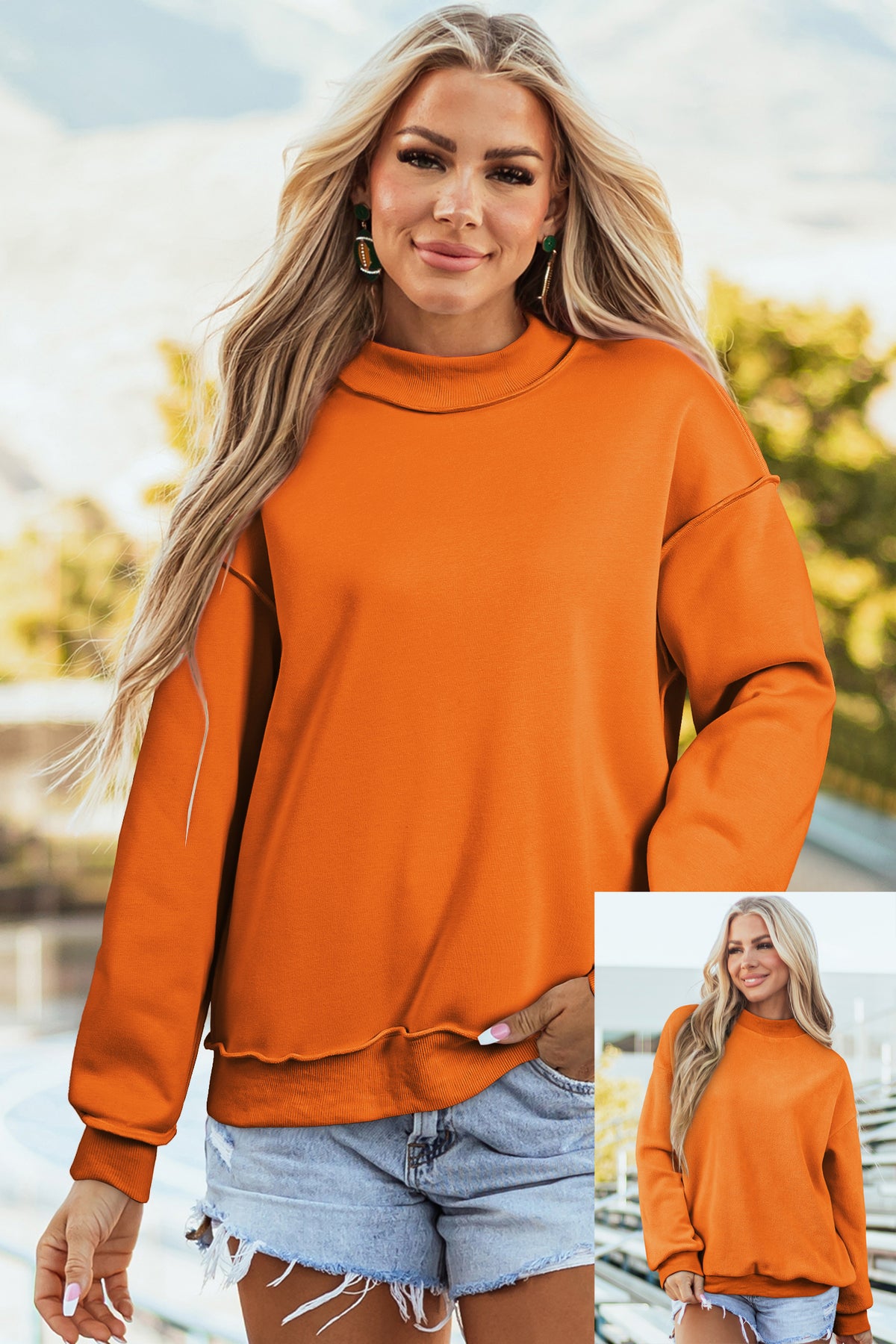 Bright Green Oversize Drop Shoulder Reversible Mock Neck Sweatshirt