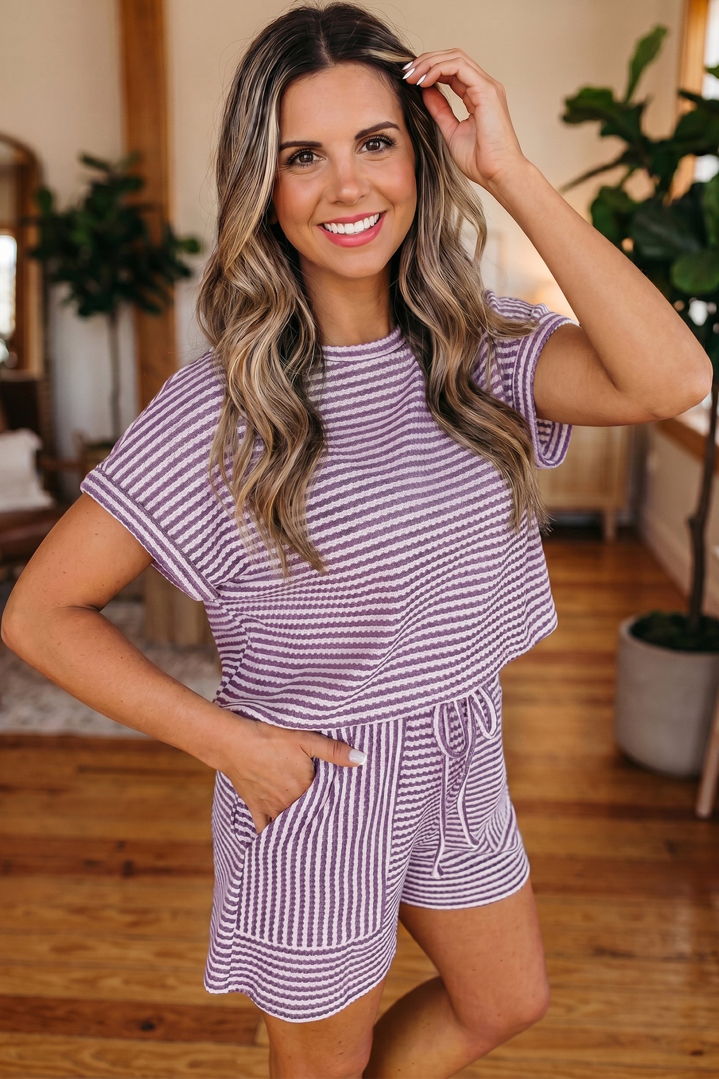 Black Stripe Breathable Textured Knit Short 2pcs Set