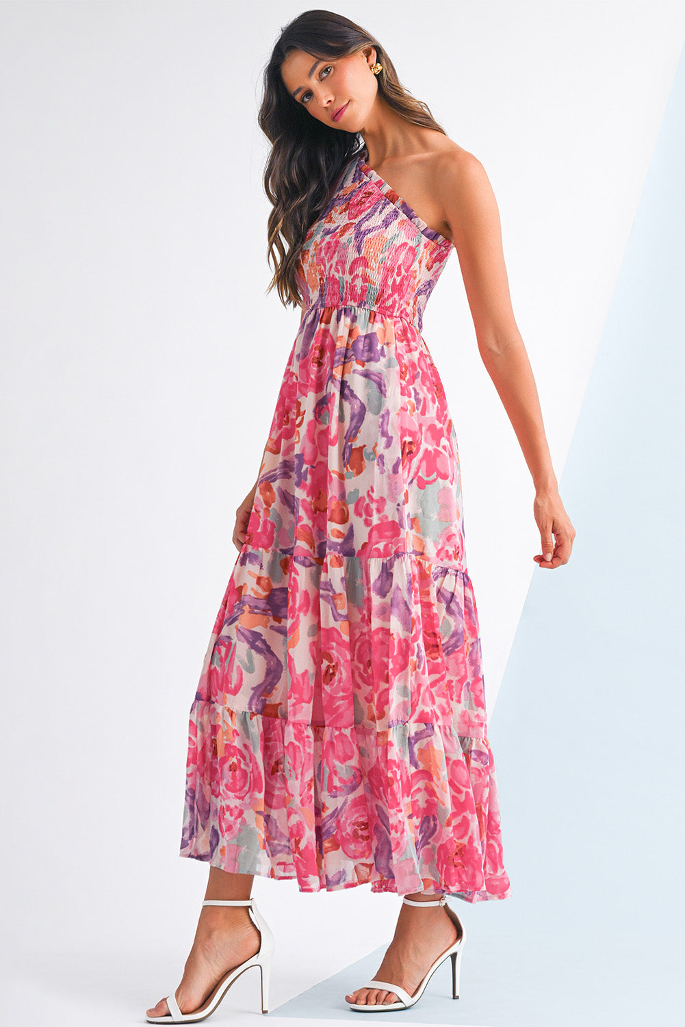 Pink Floral Print Shirred One Shoulder Maxi Dress
