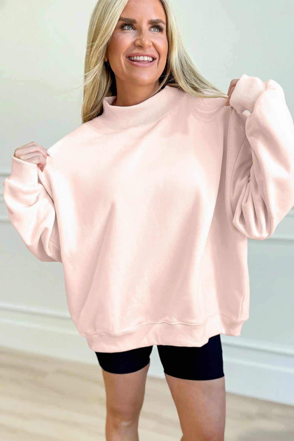 Bright Pink Oversize Blessed Embroidered Mock Neck Sweatshirt