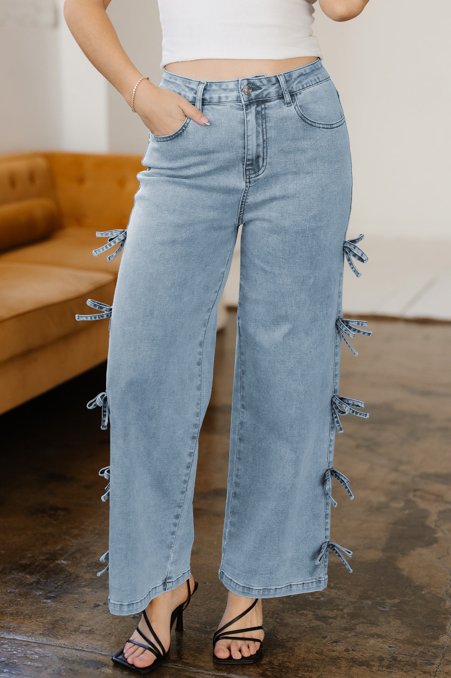 White Bowknot Side Detail Straight Leg Loose Jeans