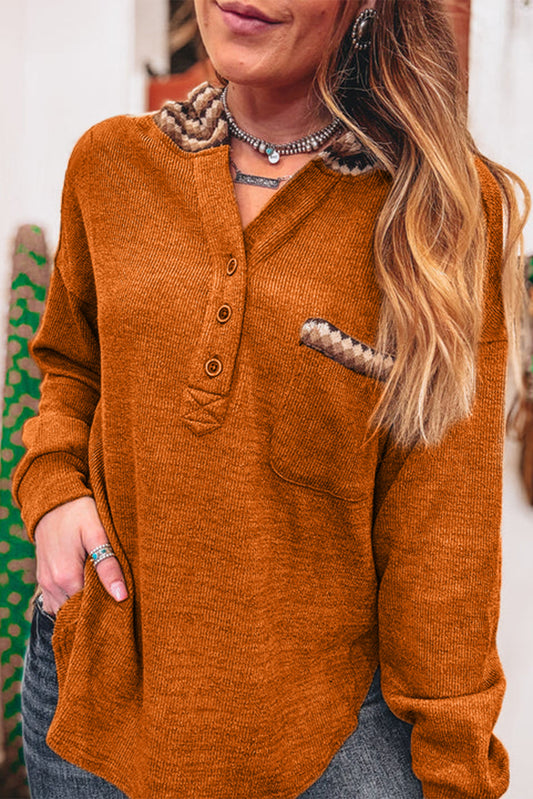 Straw Yellow Contrast Plaid Hooded Patchwork Pocket Henley Top