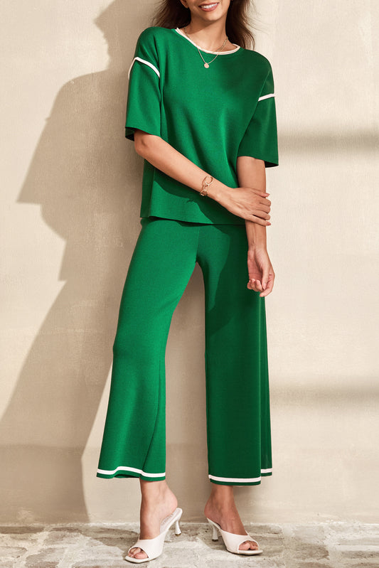 Blackish Green Contrast Trim Half Sleeve Top Drawstring Pants Loose 2pcs Sweater Suit