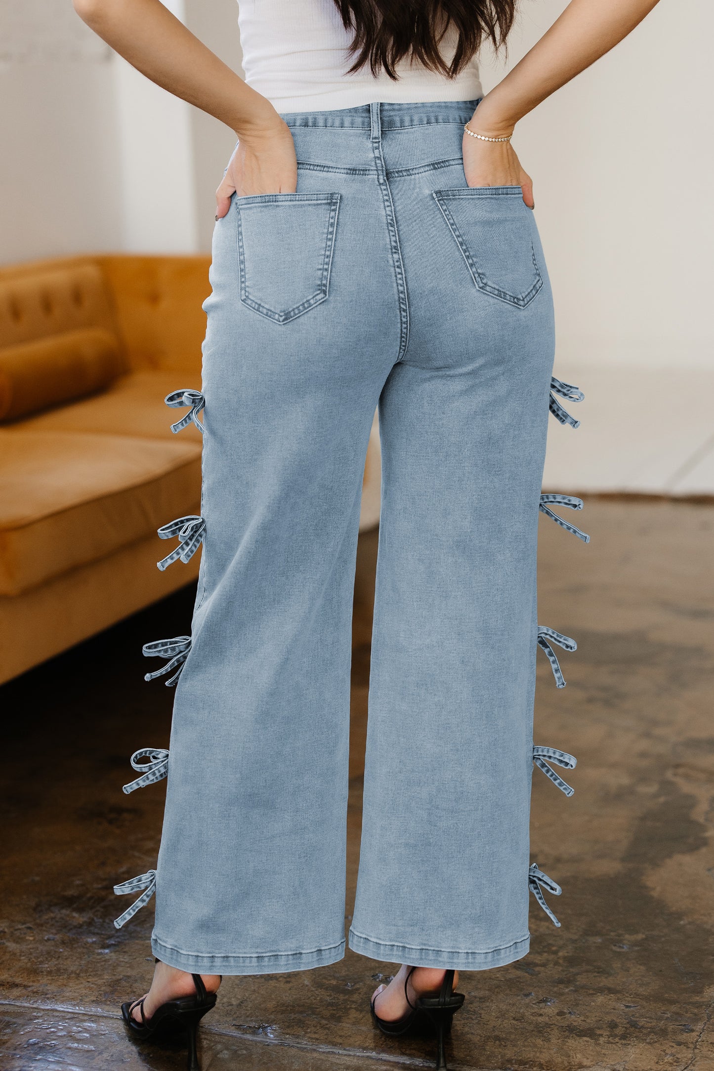 White Bowknot Side Detail Straight Leg Loose Jeans