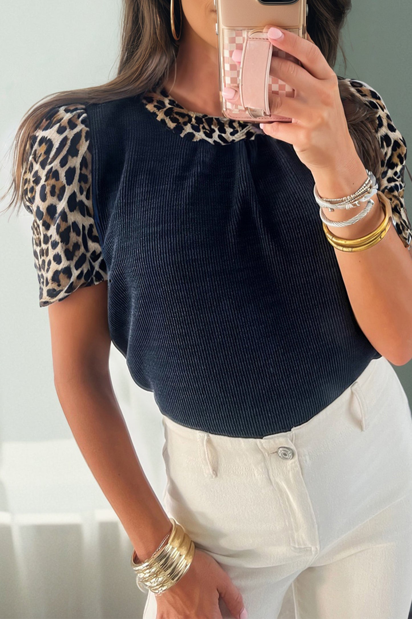 Navy Blue Ribbed Contrast Leopard Patchwork Short Sleeve Top