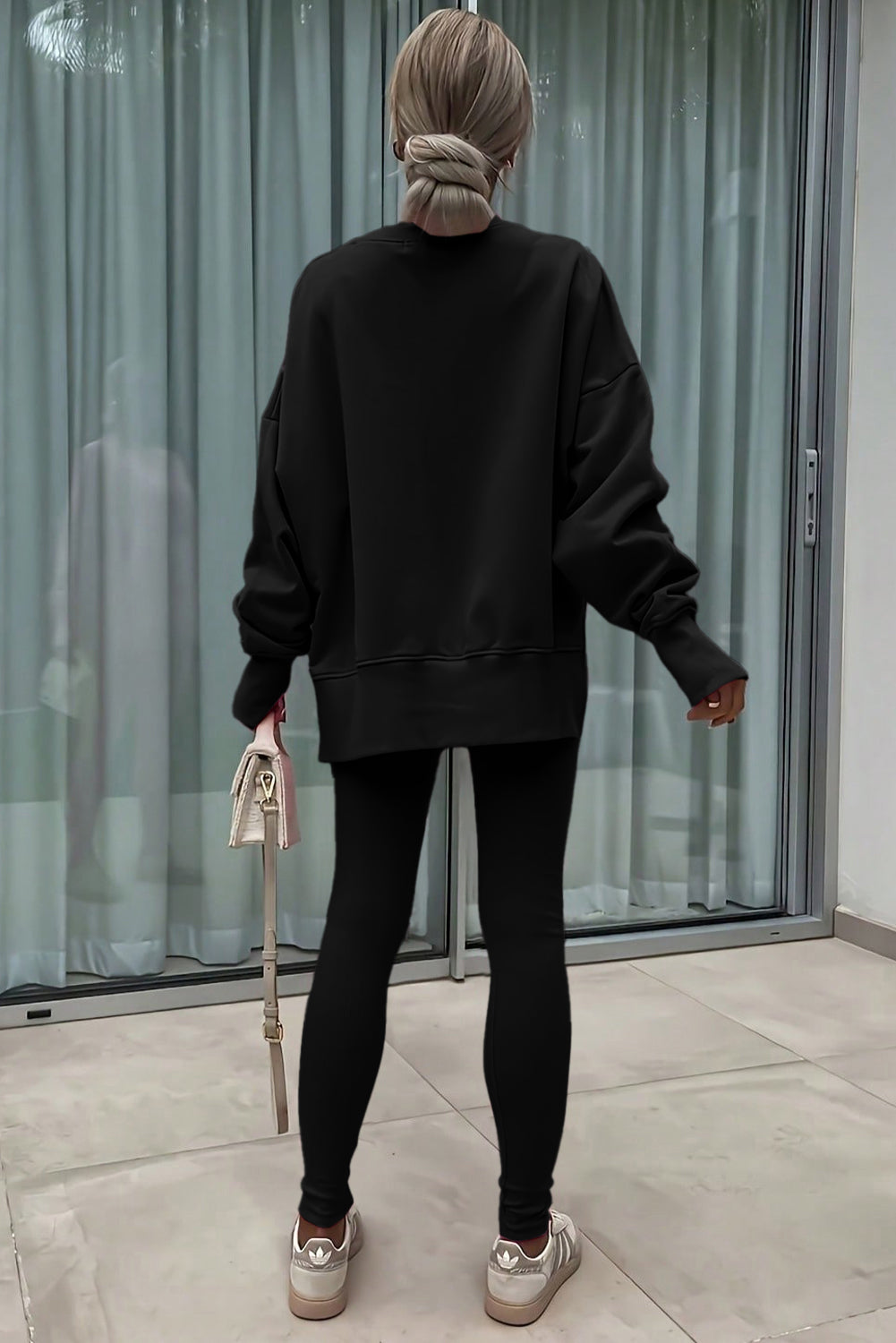 Green Bay Solid Color Oversize Slit Sweatshirt Ribbed Leggings Set