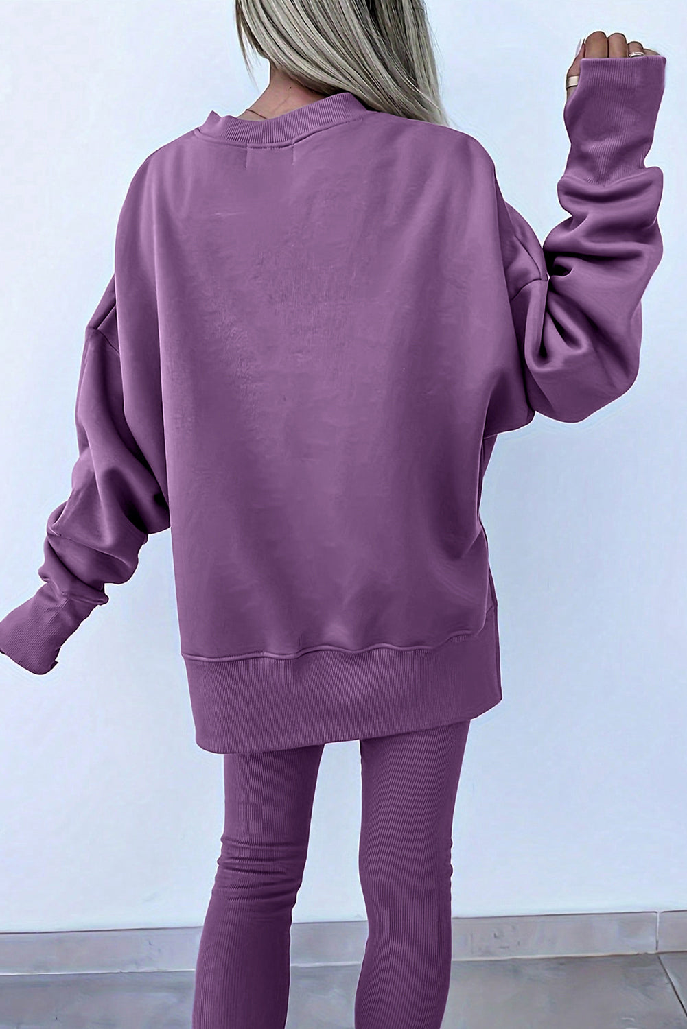 Green Bay Solid Color Oversize Slit Sweatshirt Ribbed Leggings Set