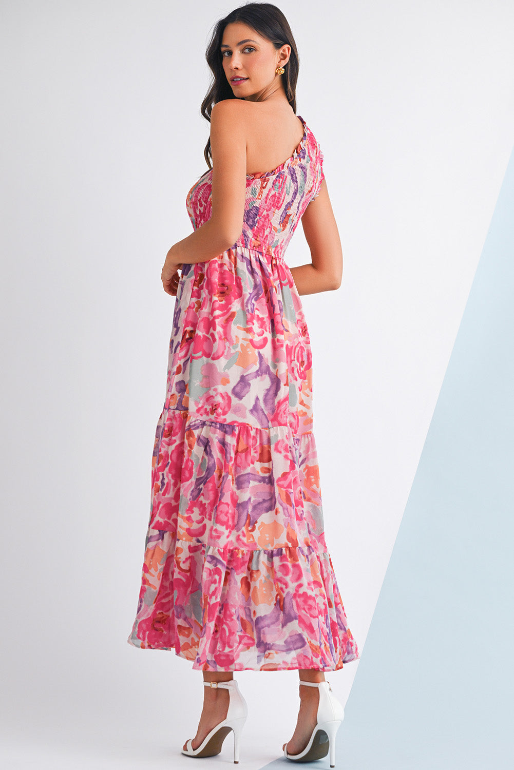 Pink Floral Print Shirred One Shoulder Maxi Dress