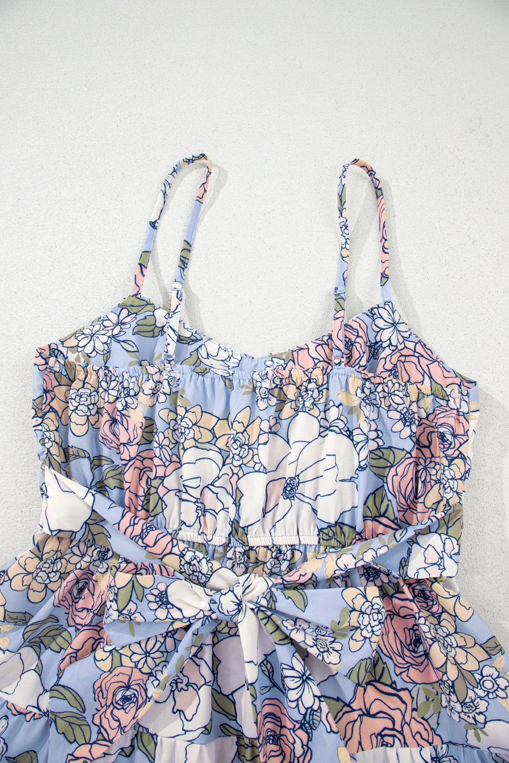 Sky Blue Floral Tiered Patchwork Spaghetti Strap Vacation Dress