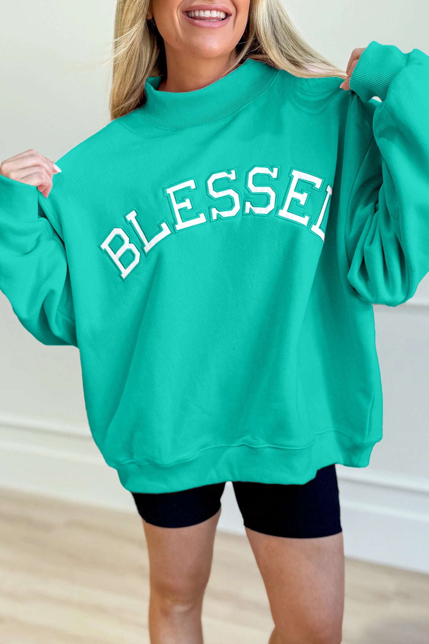 Bright Pink Oversize Blessed Embroidered Mock Neck Sweatshirt