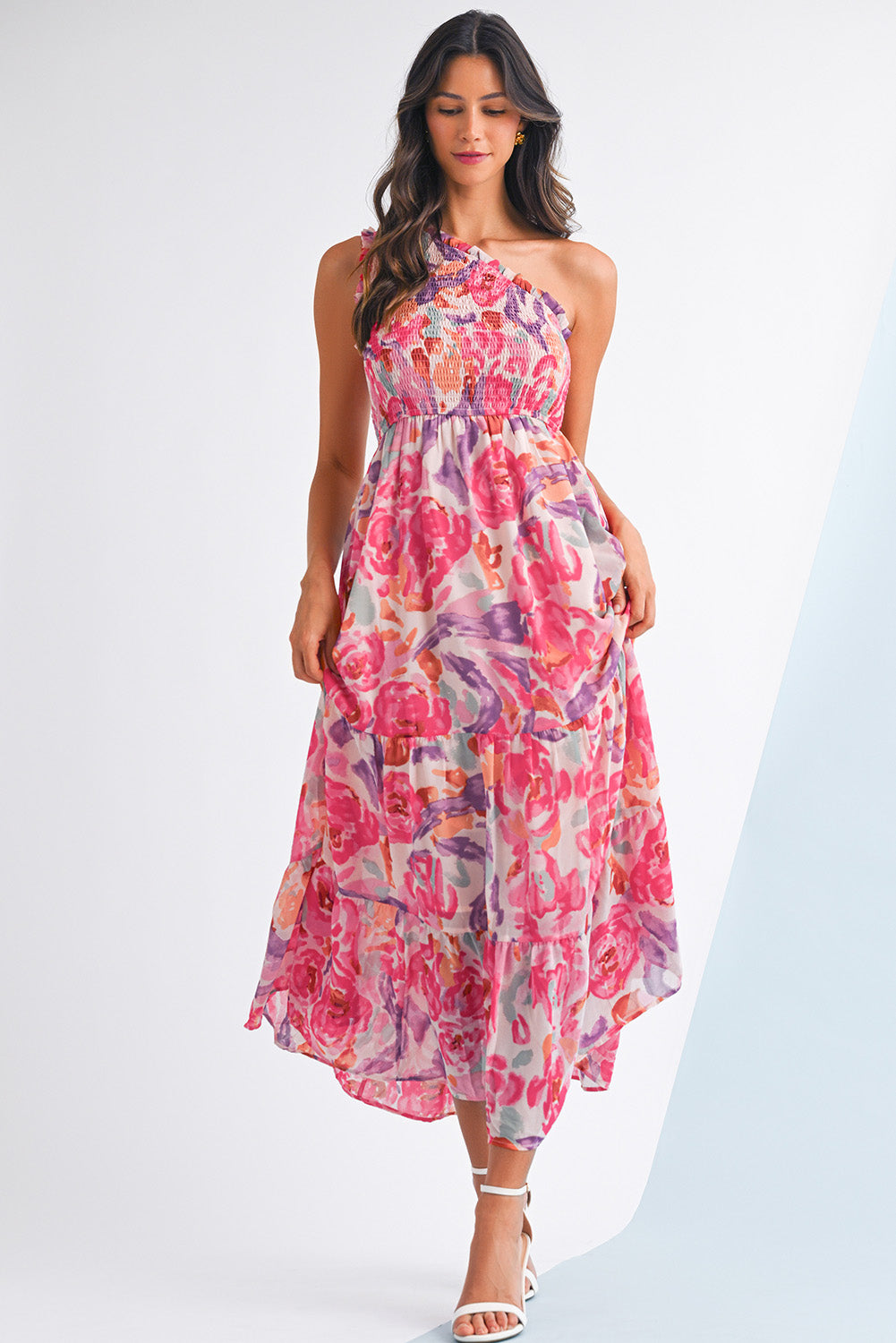Pink Floral Print Shirred One Shoulder Maxi Dress