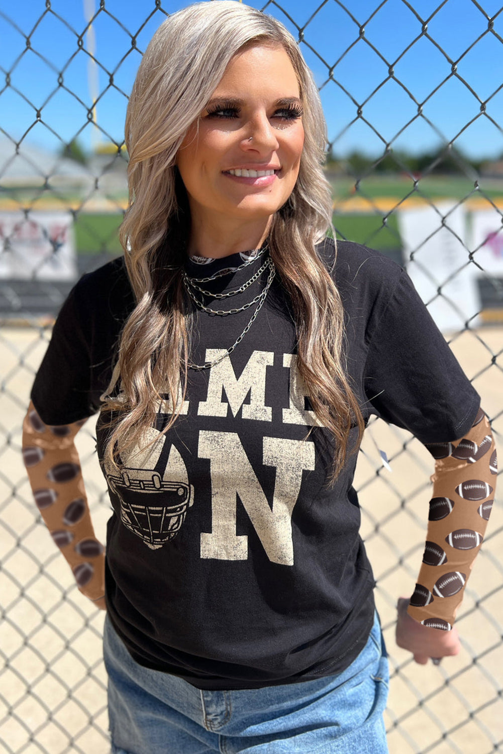 Brown Game Day Football Mesh Sheer Long Sleeve Top