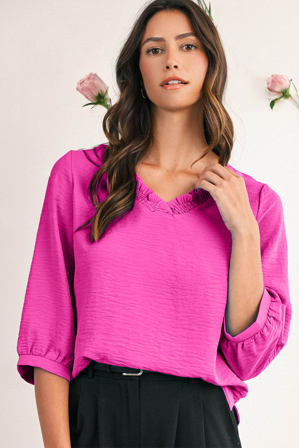 Moonlight Jade Frill V Neckline Puff Sleeve Crinkled Blouse