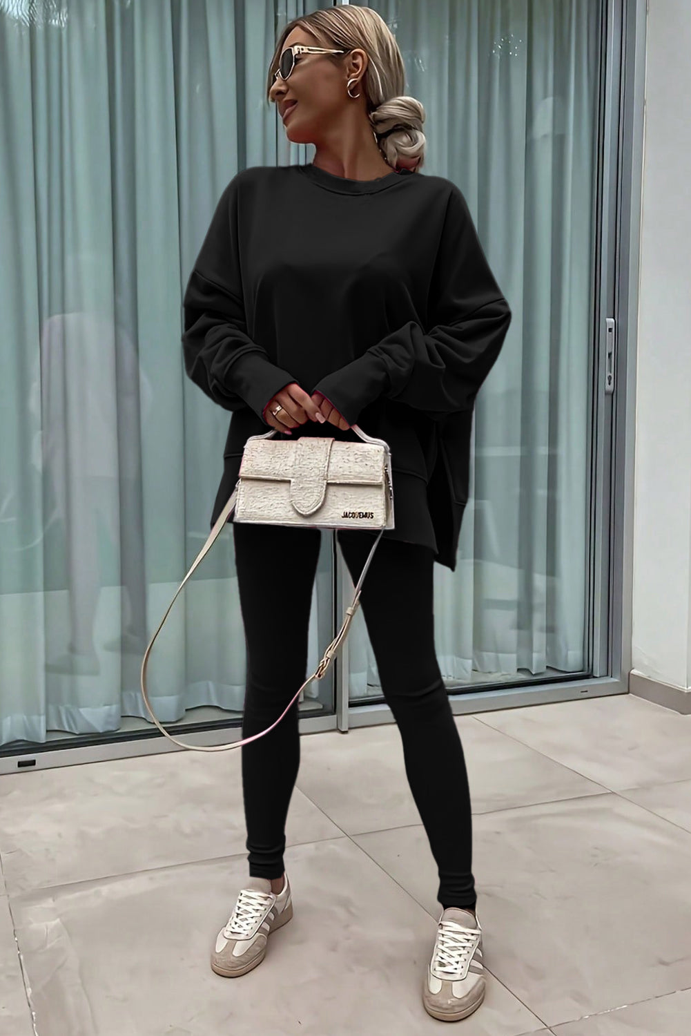 Green Bay Solid Color Oversize Slit Sweatshirt Ribbed Leggings Set