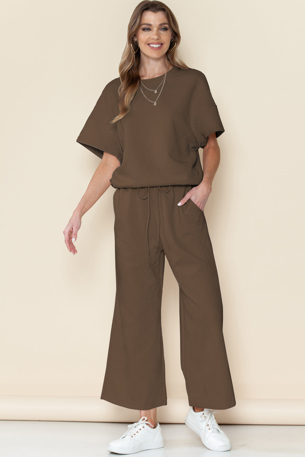 Gray Textured Loose Fit T Shirt & Drawstring Pants Set