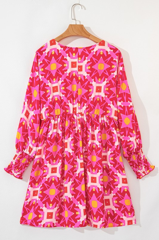 Geometric Print Smocked Long Sleeve Mini Dress