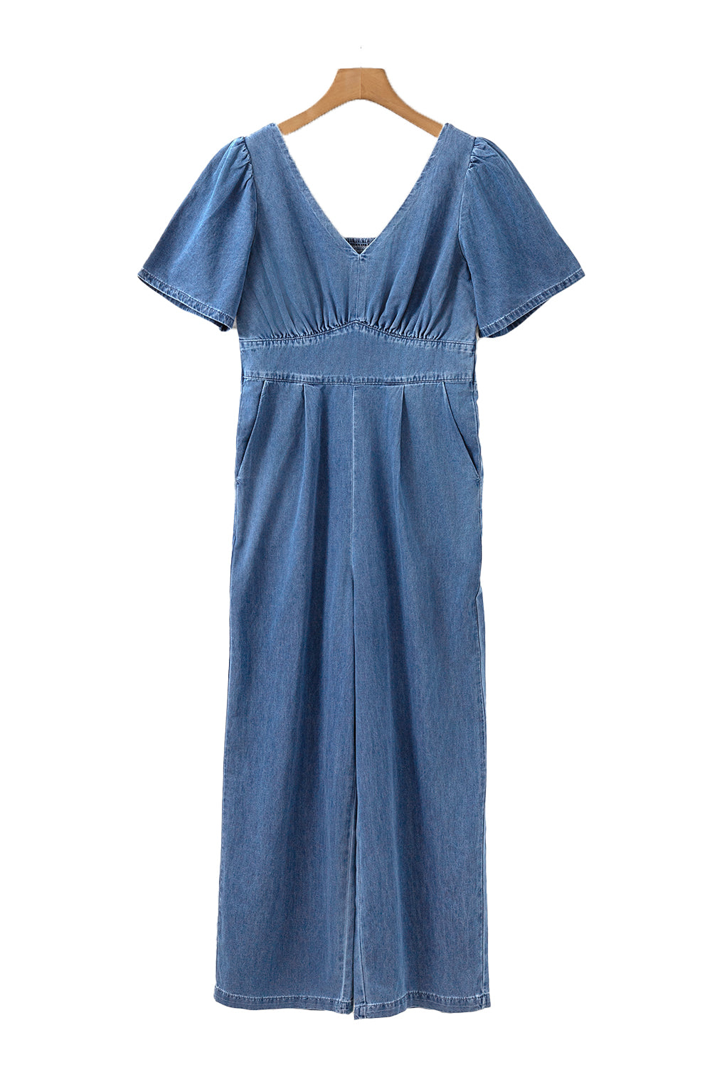 Ashleigh Blue V Neck Short Sleeve Smocked Back Denim Loose Jumpsuit