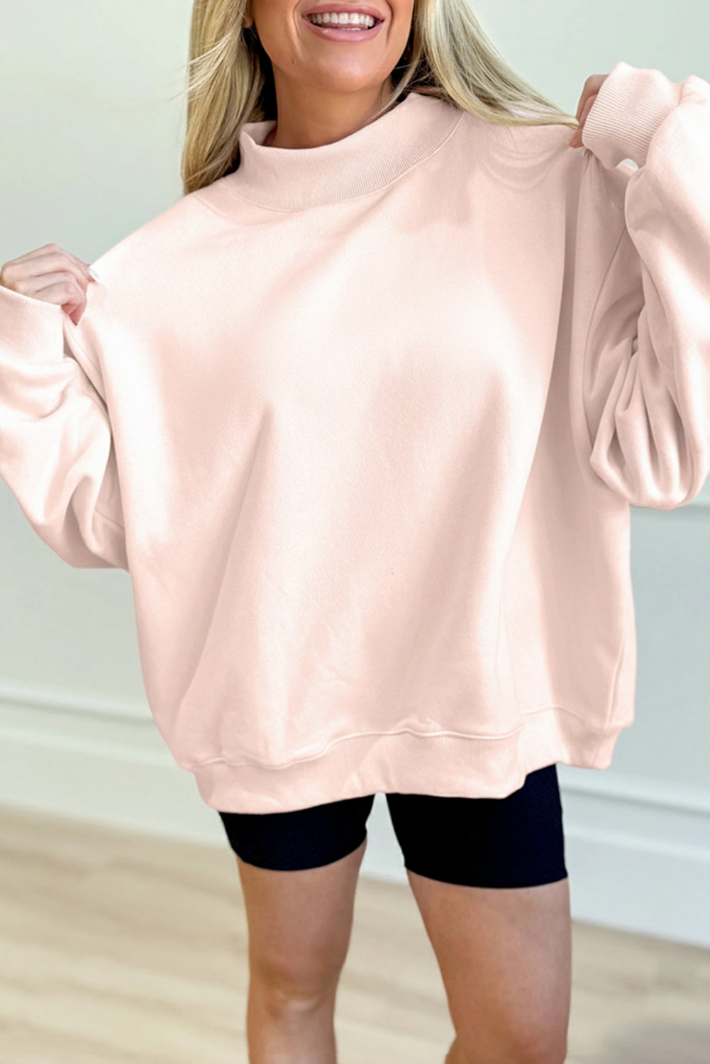 Bright Pink Oversize Blessed Embroidered Mock Neck Sweatshirt
