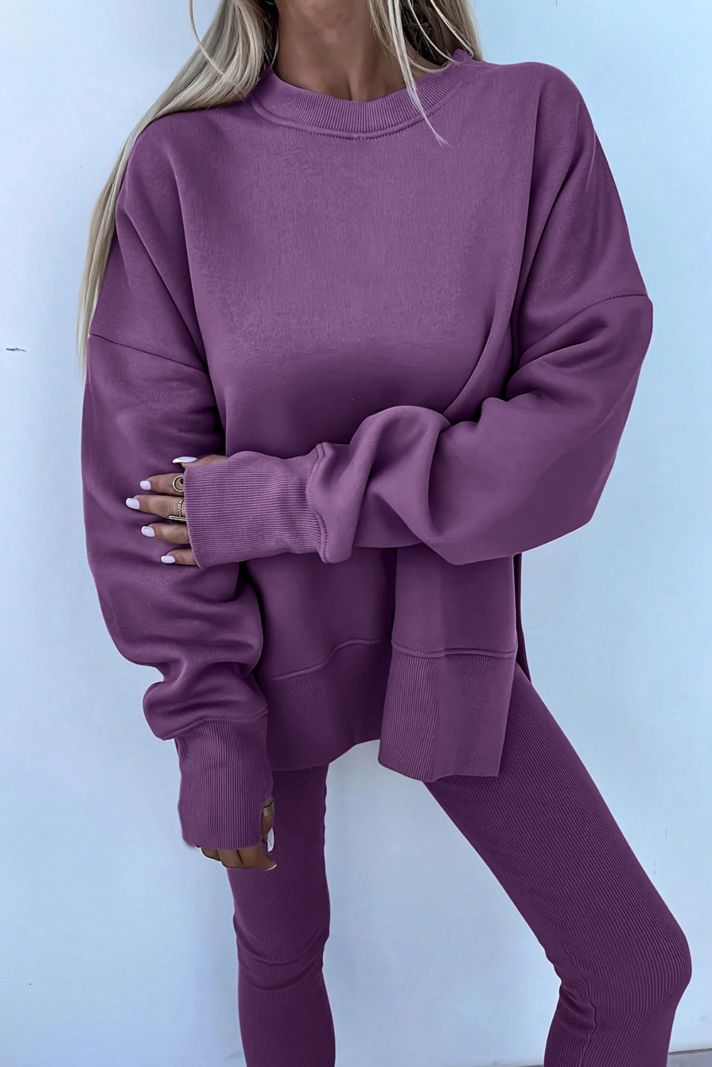 Green Bay Solid Color Oversize Slit Sweatshirt Ribbed Leggings Set