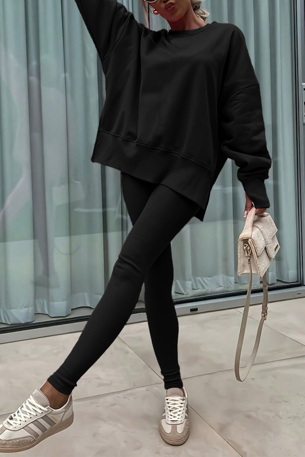 Green Bay Solid Color Oversize Slit Sweatshirt Ribbed Leggings Set