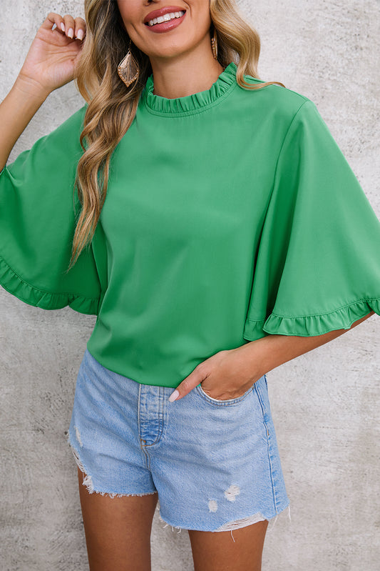 Green Frilly Round Neck Wide Half Sleeve Blouse