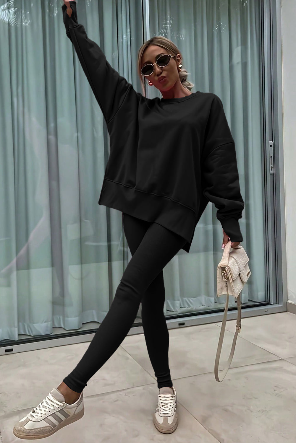 Green Bay Solid Color Oversize Slit Sweatshirt Ribbed Leggings Set