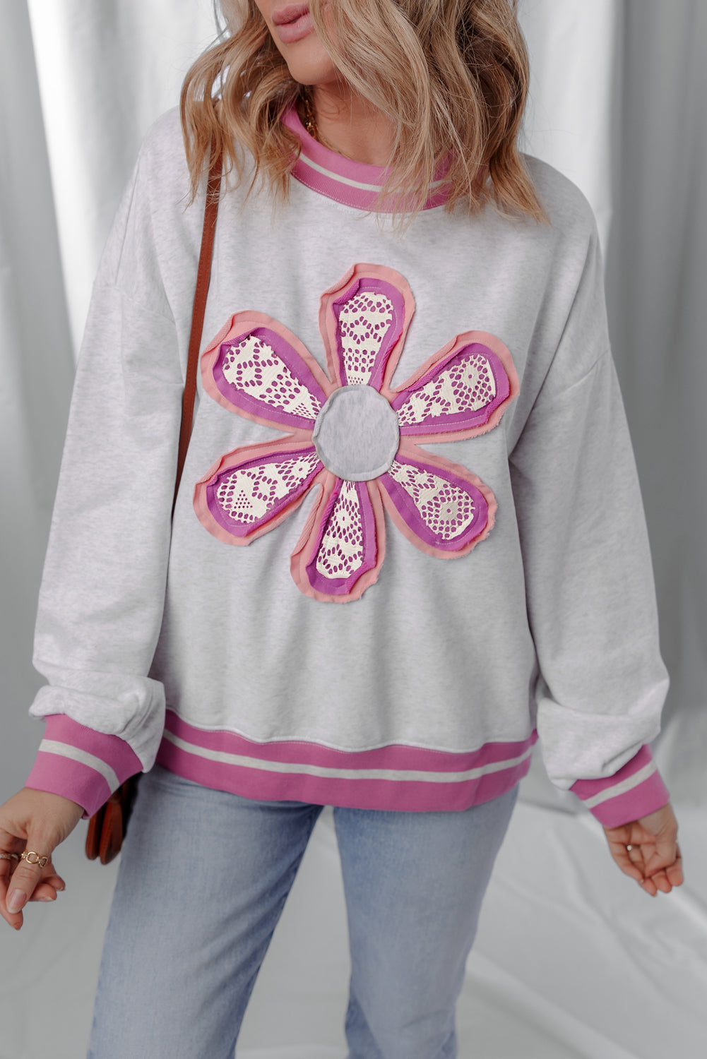 Gray Flower Patch Contrast Trim Crew Neck Sweatshirt