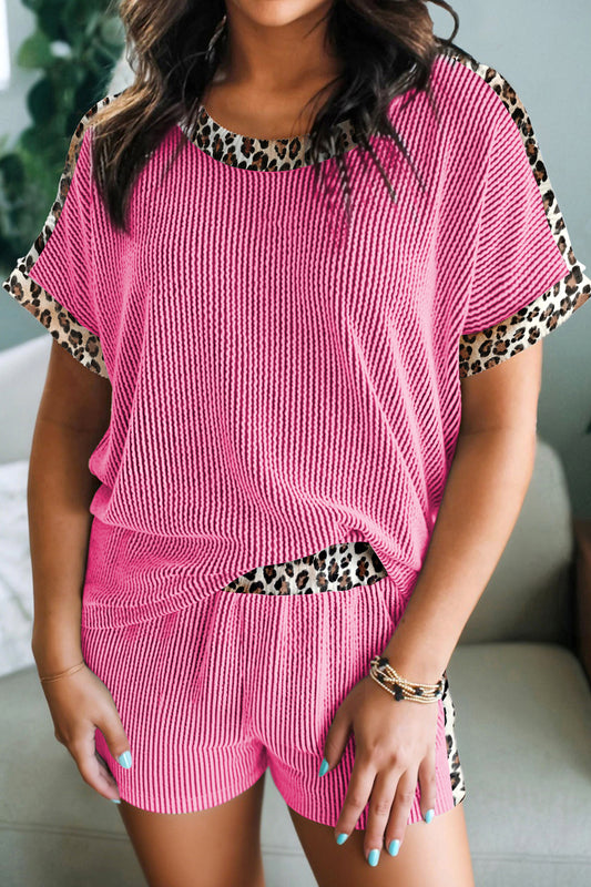 Sachet Pink Leopard Trim Twist Ribbed Short Set
