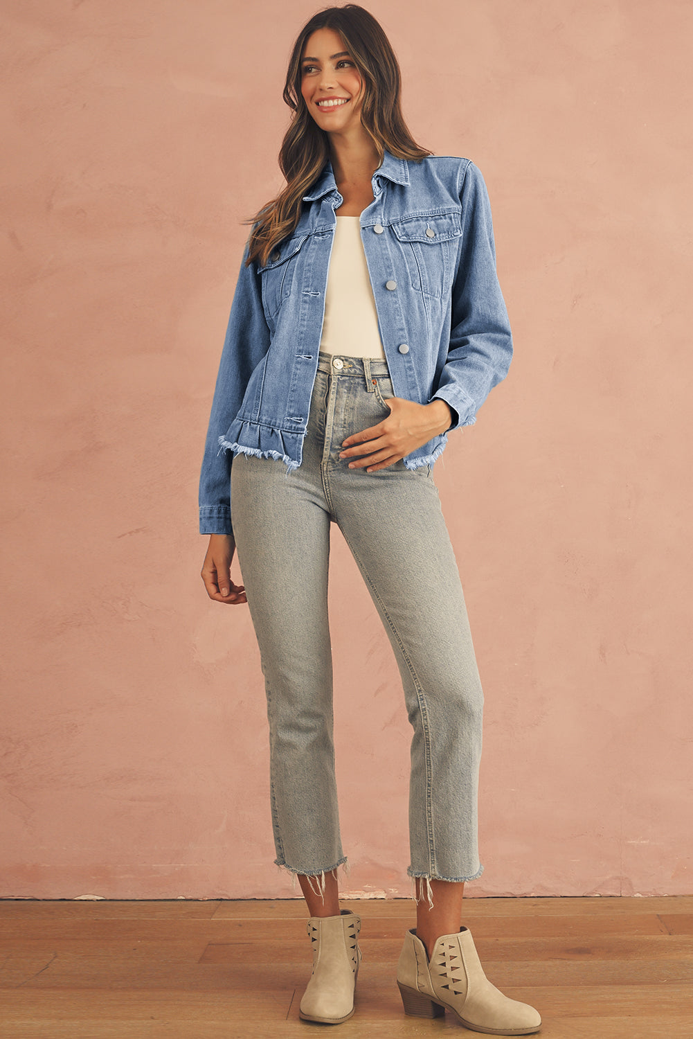 Beau Blue Ruffle Raw Hem Flap Pockets Denim Jacket