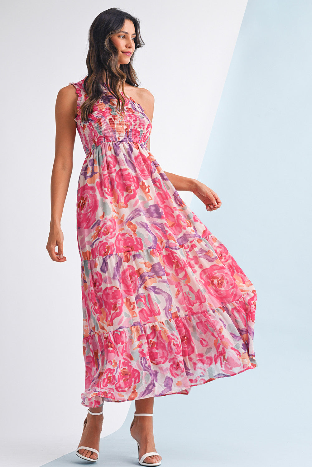 Pink Floral Print Shirred One Shoulder Maxi Dress