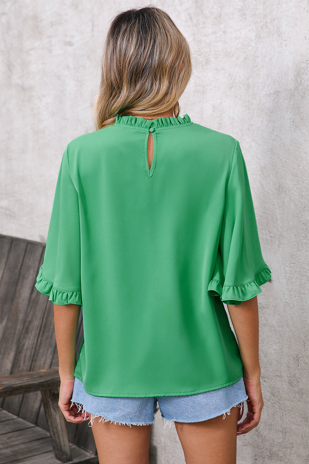 Green Frilly Round Neck Wide Half Sleeve Blouse