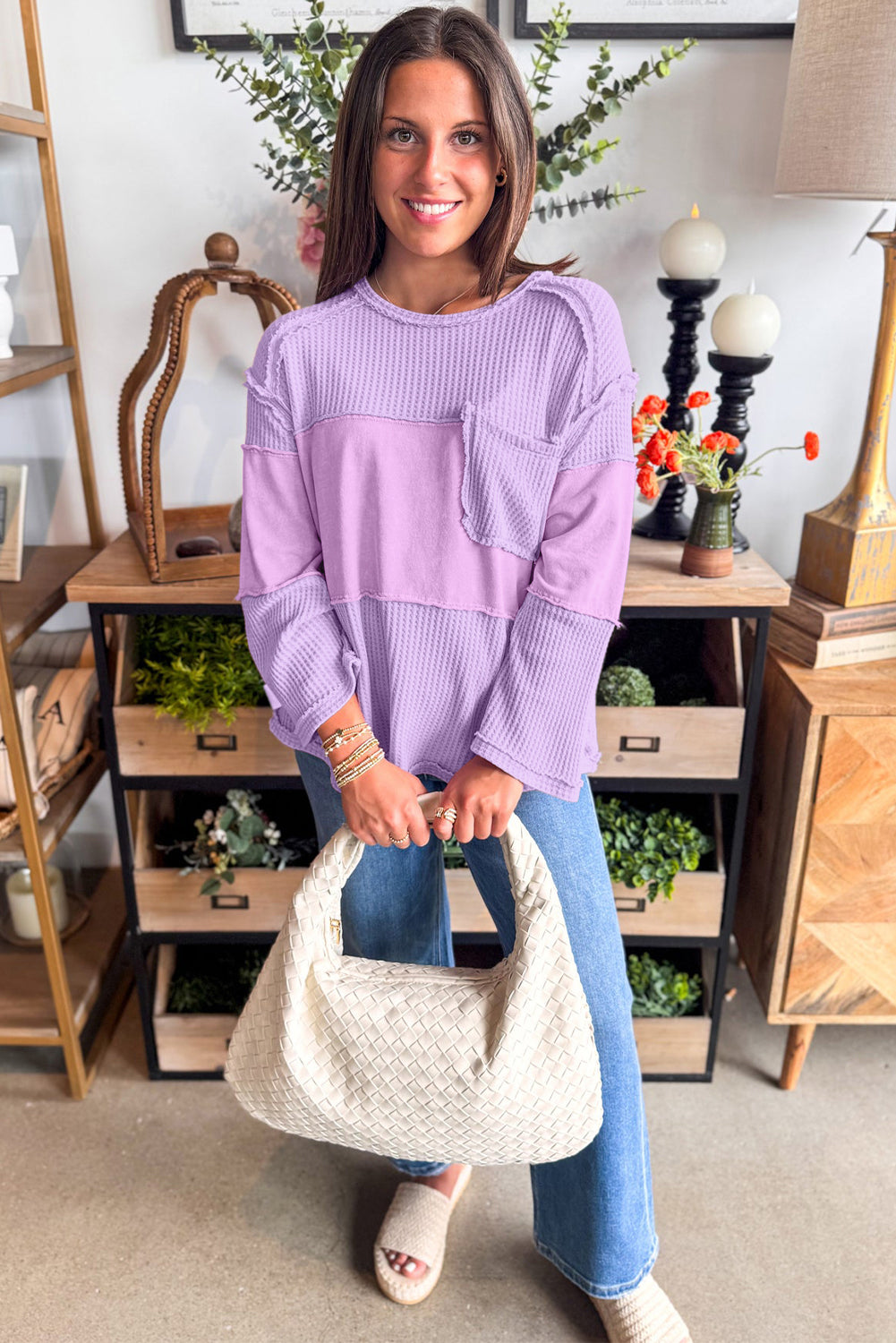 Phalaenopsis Thermal Waffle Knit Patchwork Long Sleeve Top