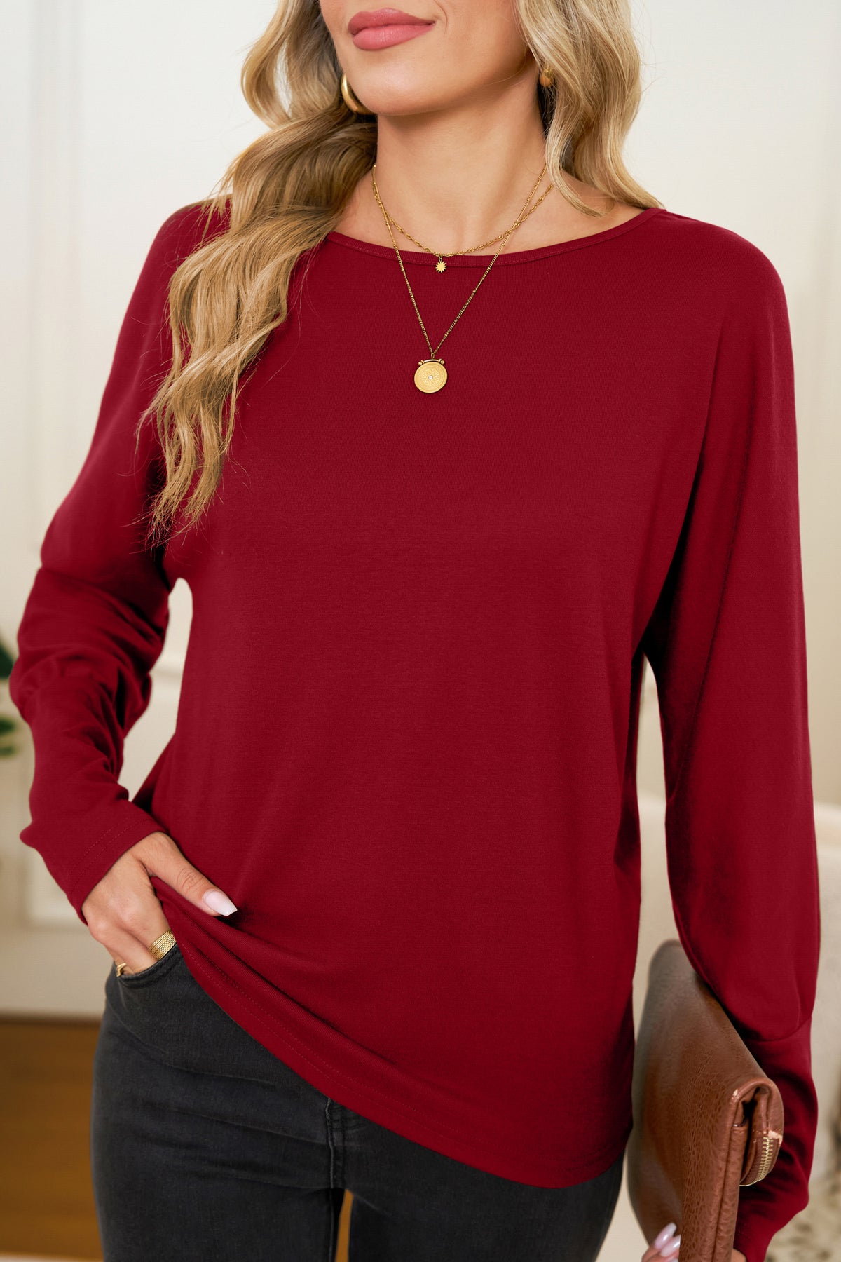 Red Dahlia Solid Color Round Neck Dolman Sleeve Top
