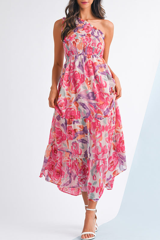 Pink Floral Print Shirred One Shoulder Maxi Dress