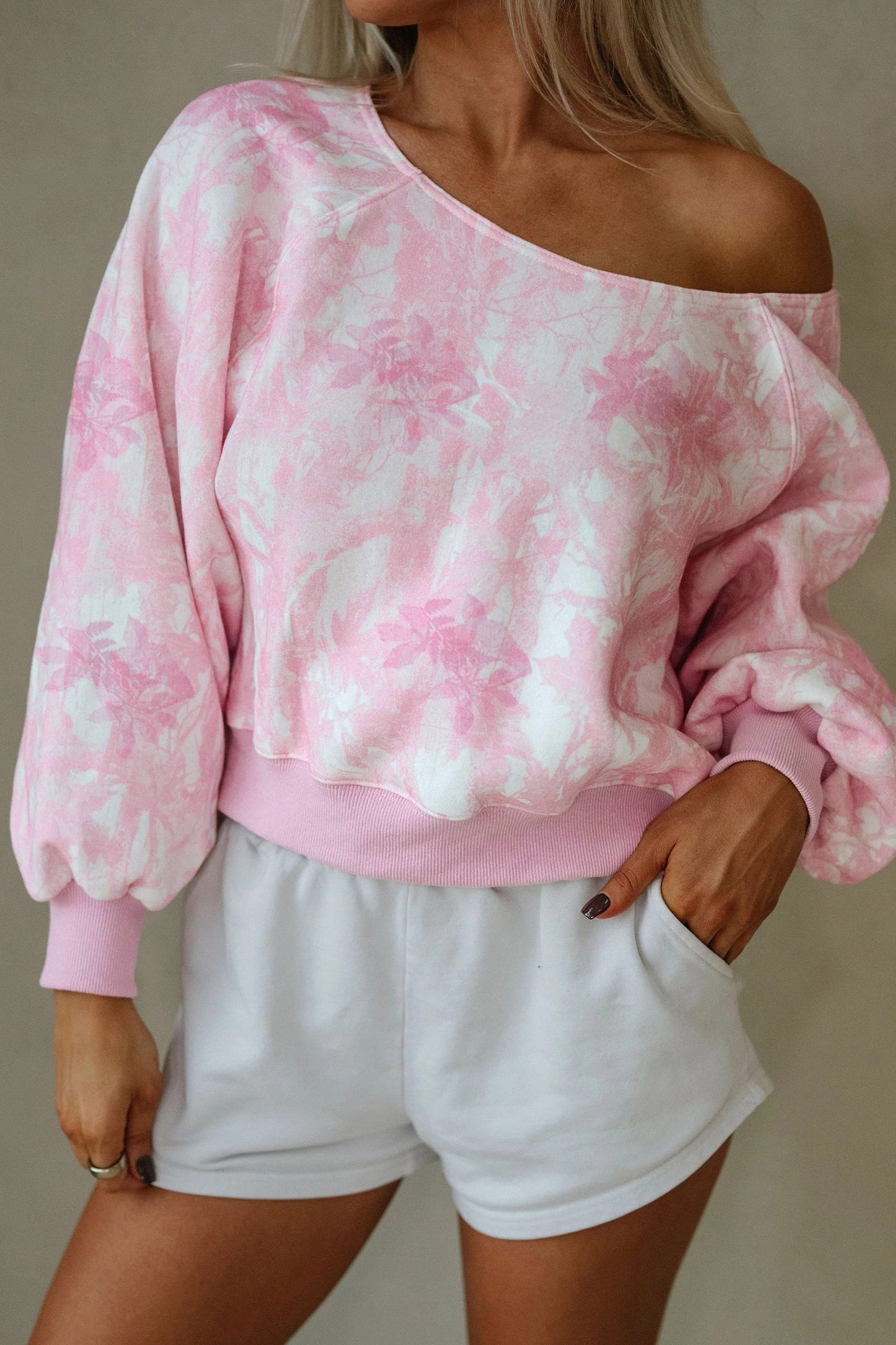 Pink Abstract Woodland Print Asymmetric Shoulder Long Sleeve Top
